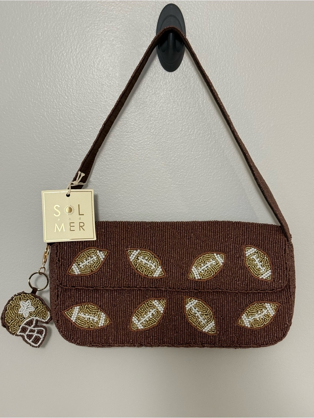 SOL and MER Brown Beaded Shoulder Bag with Footballs and helmet charm. NWT
